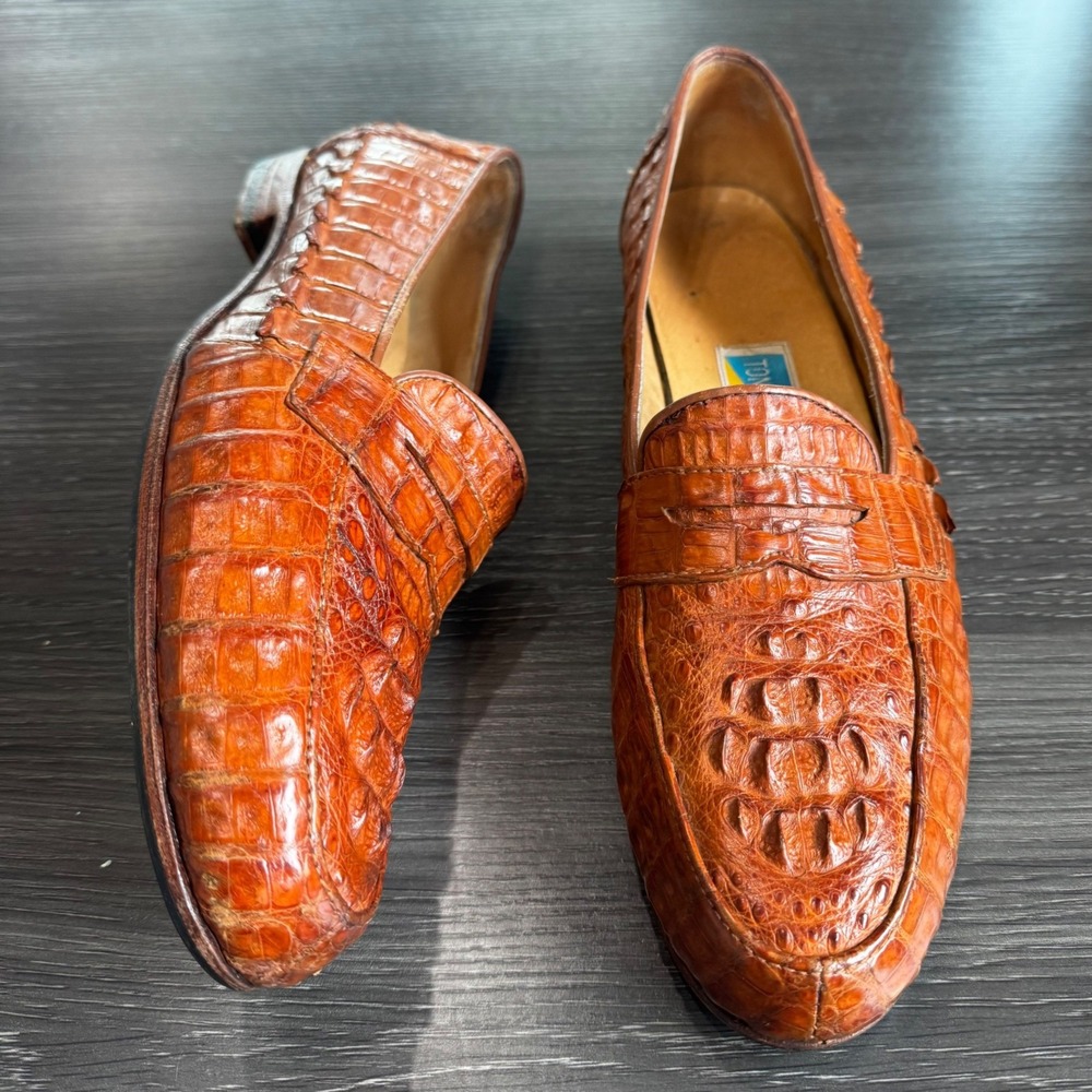 Tony Leather Men 10 N Custom Vintage Crocodile Penny Loafers Cognac Brown Luxury
